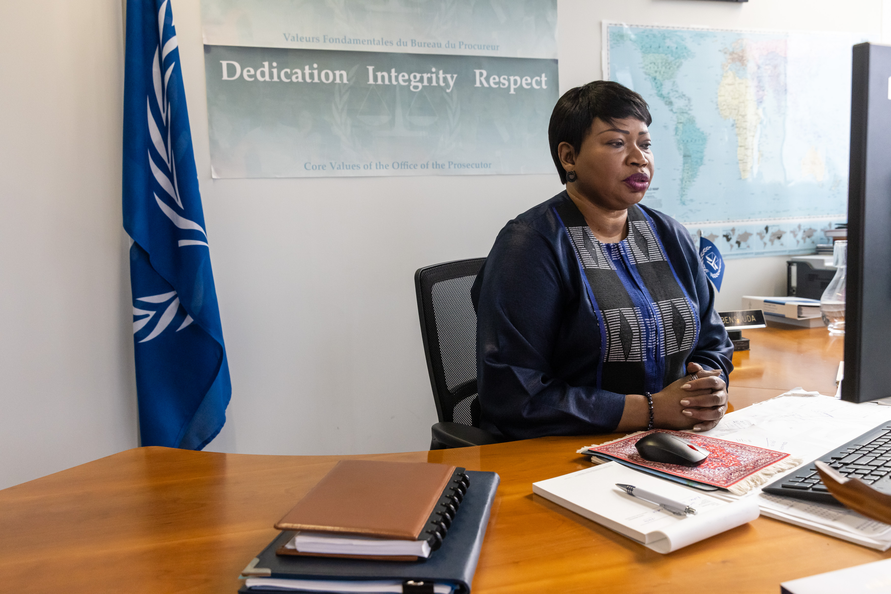 Due to COVID-19 restrictions, ICC Prosecutor, Fatou Bensouda, presents her Office’s 21th report on the Situation in Libya to the UN Security Council, remotely through VTC ©ICC-CPI Due to COVID-19 restrictions, ICC Prosecutor, Fatou Bensouda, presents her Office’s 21th report on the Situation in Libya to the UN Security Council, remotely through VTC ©ICC-CPI