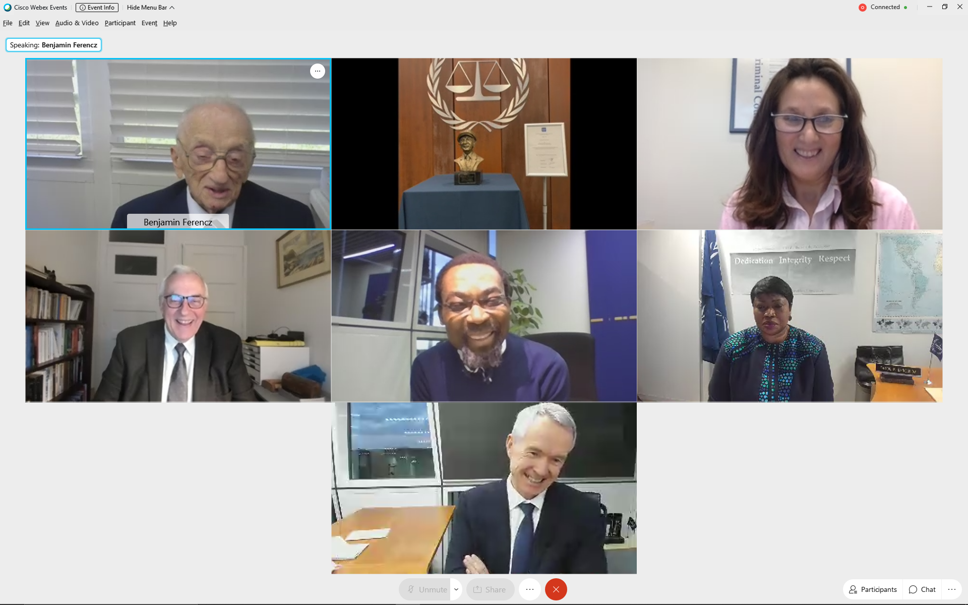 M. Benjamin B. Ferencz and ICC Officials during the event held online on 17 December 2020 ©ICC-CPI