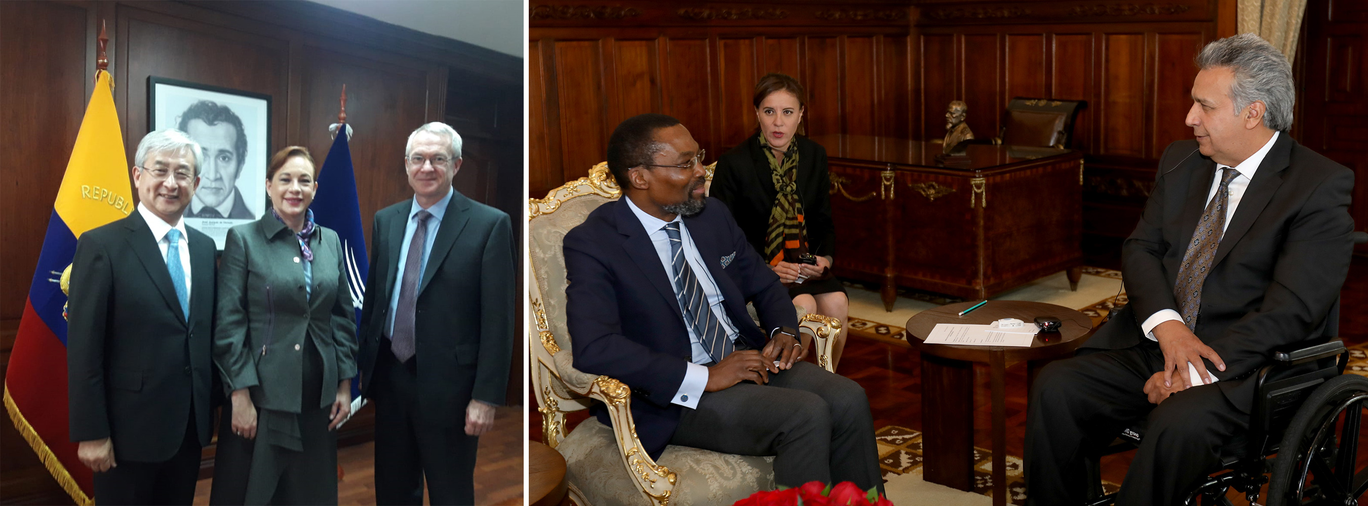 Left: ASP President H.E. O-Gon Kwon and ICC Registrar Peter Lewis meet with H.E. María Fernanda Espinosa, former Minister of External Relations and Human Mobility of Ecuador, and President-elect of the 73rd session of the UN General Assembly; Right: Ecuador President H.E. Lenín Moreno receives ICC President Judge Chile Eboe-Osuji
