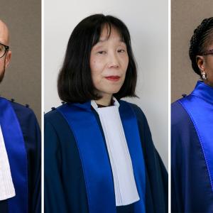 Pictured here from left to right: ICC First Vice-President Judge Rosario Salvatore Aitala, ICC President Judge Tomoko Akane and ICC Second Vice-President Judge Reine Alapini-Gansou  ©ICC-CPI
