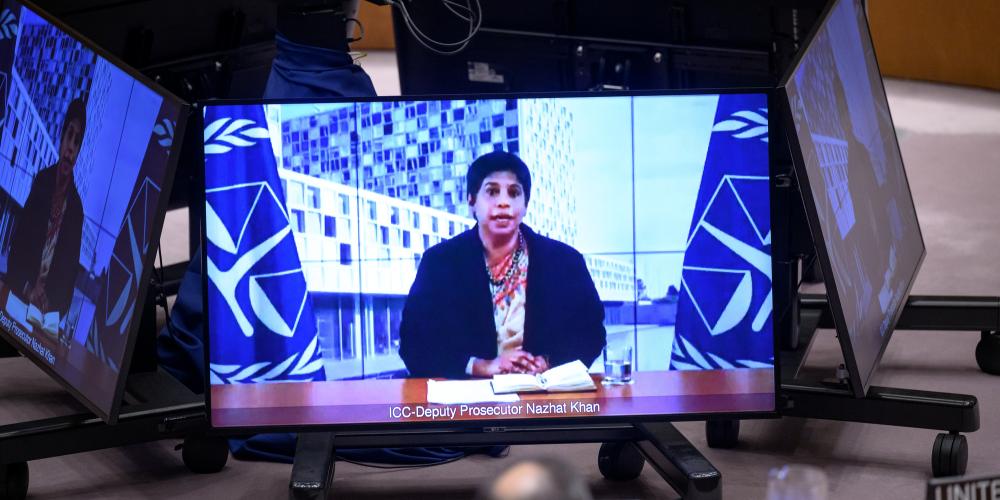 ICC Deputy Prosecutor Nazhat Shameem Khan briefs the UN Security Council on the Situation in Darfur, Sudan, virtually from The Hague on 15 July 2026. UN Photo/ Mark Garten