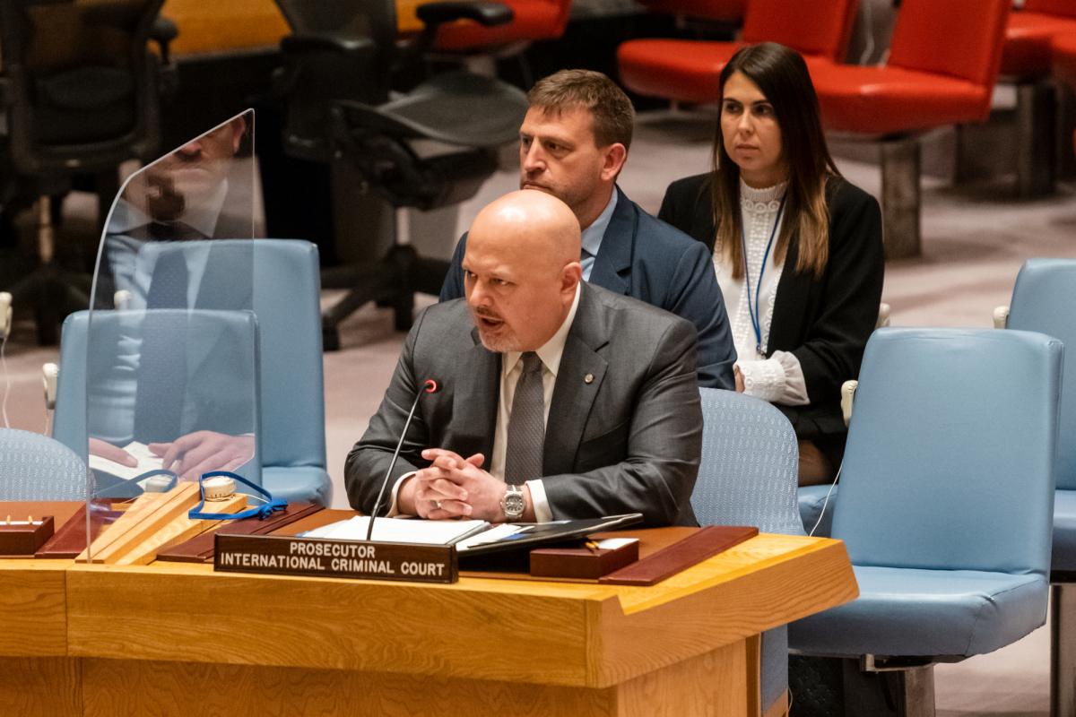 ICC Prosecutor, Karim A.A. Khan QC, briefs the UN Security Council on the Situation in Libya pursuant to UNSCR 1970 (2011) on 28 April 2022 (photo credit: UN Photo/Mark Garten)