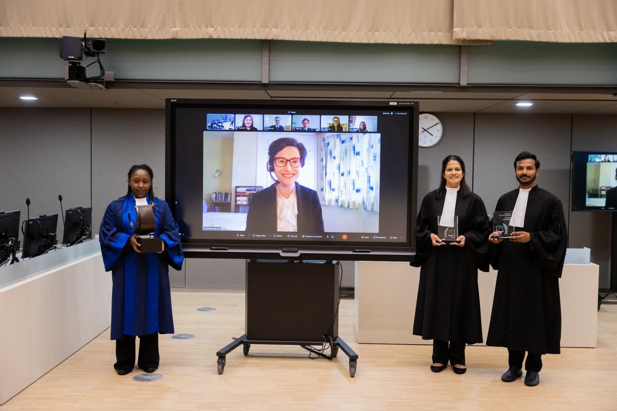 Pictured here: ICC Judge Althea Violet Alexis-Windsor and Legal Officers Cynthia Chamberlain and Farhaan Ahmed with the winning team ©ICC-CPI