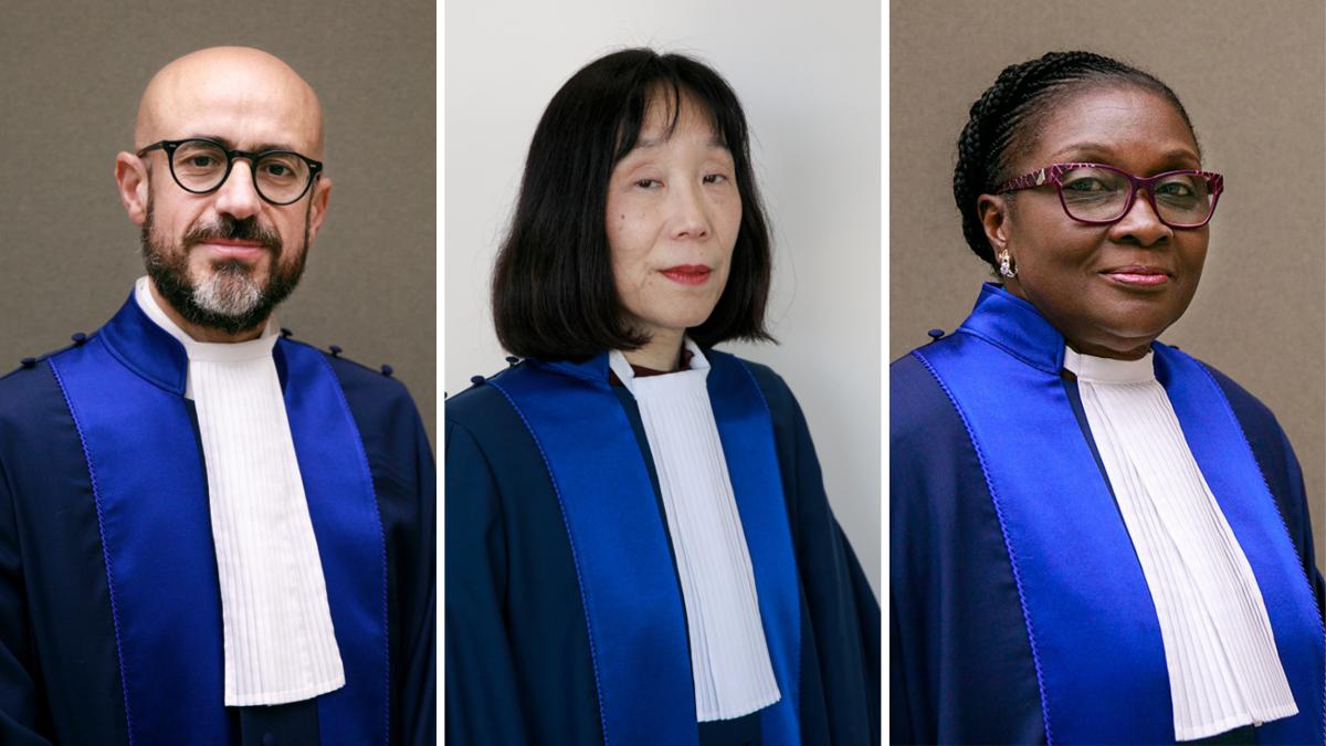 Pictured here from left to right: ICC First Vice-President Judge Rosario Salvatore Aitala, ICC President Judge Tomoko Akane and ICC Second Vice-President Judge Reine Alapini-Gansou  ©ICC-CPI