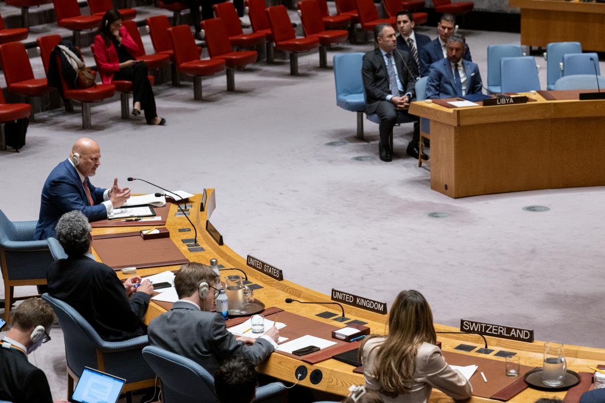 ICC Prosecutor Karim A.A. Khan KC addresses members of the UN Security Council and H.E. Mr. Taher M. T. El-Sonni, Permanent Representative of Libya to the United Nations, on 14 May 2024. UN Photo/Manuel Elías