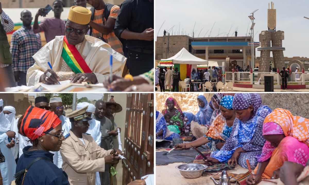 (left to right) The Mayor of Timbuktu, Aboubacrine Cisse, officially receives the Louha memorial; Community participation in the Louha memorial inauguration ceremony; Local authorities and government representatives inaugurate the Cheick Sidi El Moctar El Kounti cemetery enclosure with the TFV; Handcraft workshop supported as part of economic reparations measures