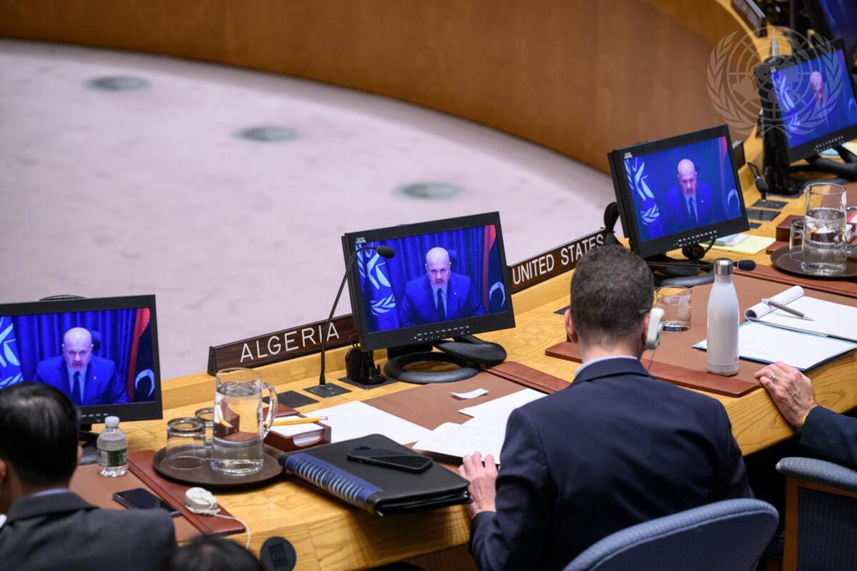 Members of the UN Security Council watch Prosecutor Khan’s briefing where he reported to them about his mission to Tripoli, Libya. UN Photo/Loey Felipe