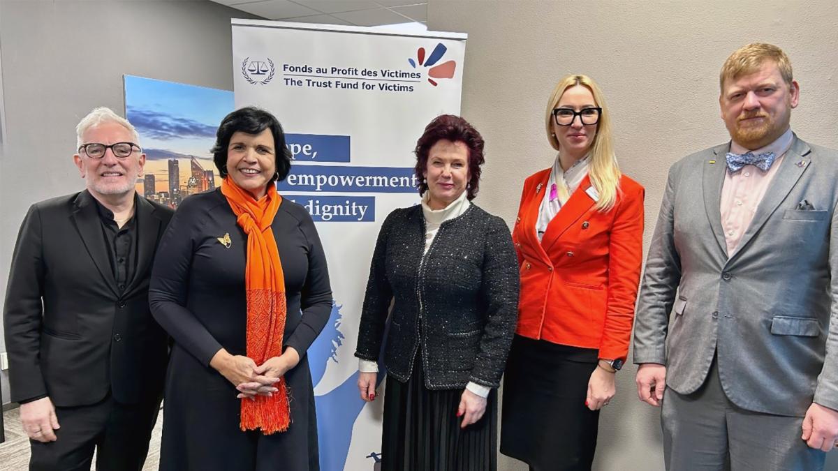 Photo: H.E. Ms. Lauma Paegļkalna, Vice Minister of Justice of the Republic of Latvia and H.E. Ms. Solvita Āboltiņa, Ambassador of the Republic of Latvia to the Kingdom of Netherlands (center right and center) with TFV Board Chair Ms. Minou Tavárez Mirabal and TFV Board Members Mr. Andres Parmas and H.E. Kevin Kelly, meeting in the margins of the 23rd session of the Assembly of States Parties to the Rome Statute, in The Hague in December 2024.