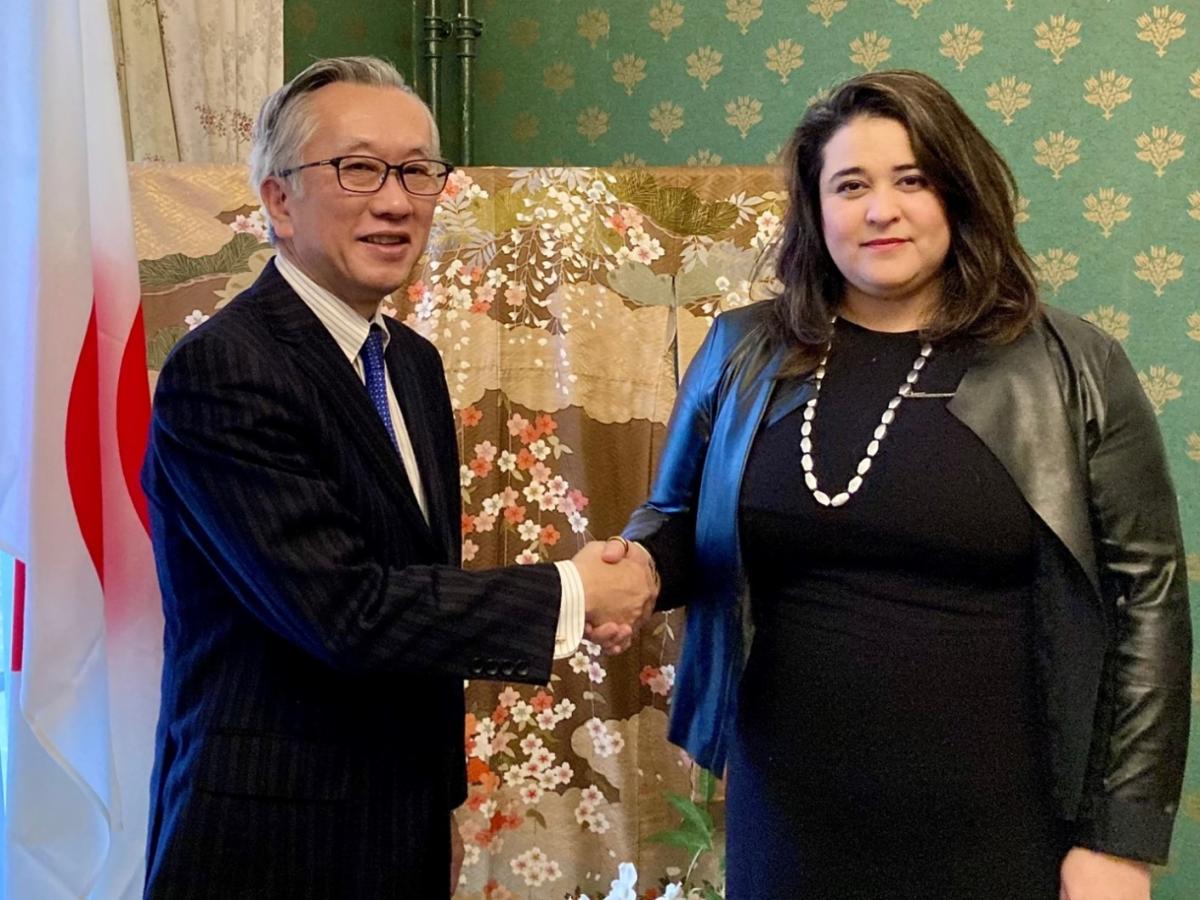 Photo: H.E. Mr. Hiroshi Minami, Ambassador of Japan to the Kingdom of the Netherlands and Dr. Deborah Ruiz Verduzco, Executive Director of the Trust Fund for Victims at the ICC on behalf of the Board of Directors during their meeting at the Embassy of Japan in The Hague, The Netherlands.