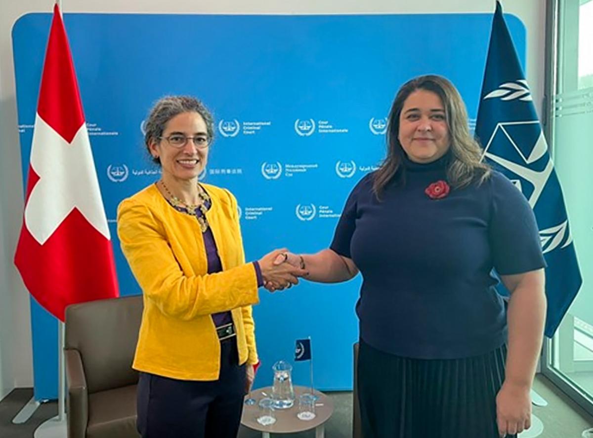 Photo: H.E. Corinne Cicéron Bühler, Ambassador of Switzerland to the Kingdom of the Netherlands, and Dr. Deborah Ruiz-Verduzco, Executive Director of the Trust Fund for Victims at the ICC, on behalf of the Board of Directors, at the ICC Headquarters in The Hague, The Netherlands, in January 2025.
