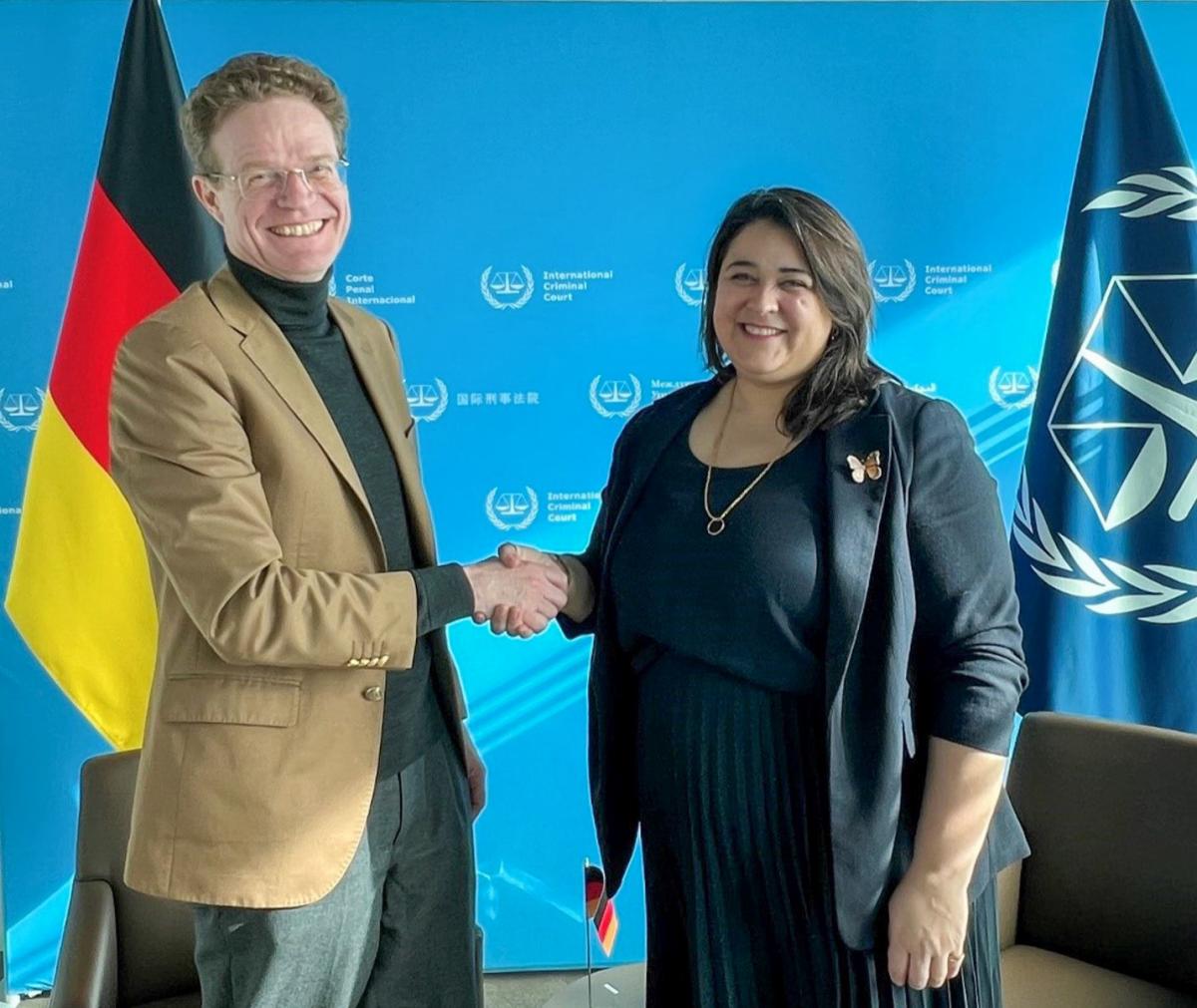 Photo: H.E. Dr. Nikolaus Meyer-Landrut, Ambassador of Germany to the Kingdom of the Netherlands and Dr. Deborah Ruiz Verduzco, Executive Director of the Trust Fund for Victims at the ICC on behalf of the Board of Directors, at the ICC Headquarters in The Hague, The Netherlands, in February 2025.