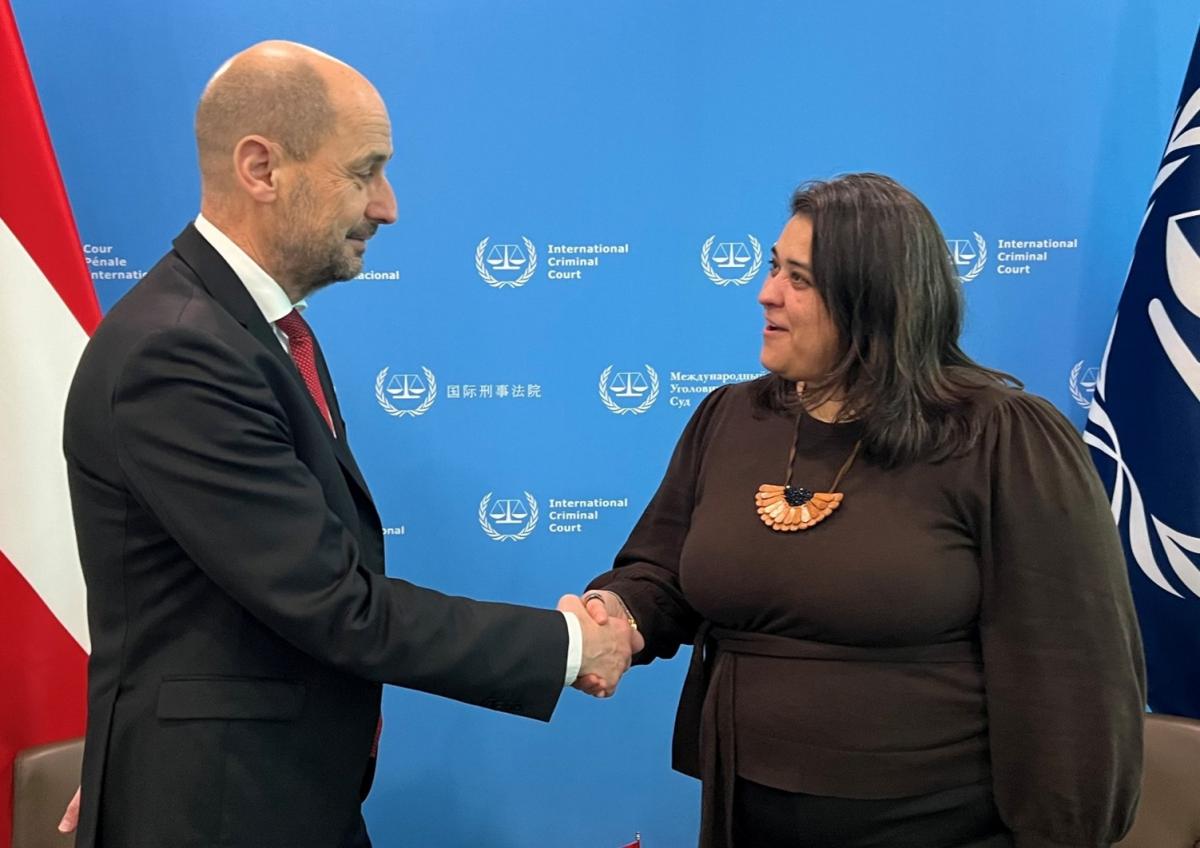 Photo: H. E. Engelbert Theuermann, Ambassador of Austria to the Kingdom of The Netherlands and Dr. Deborah Ruiz Verduzco, Executive Director of the Trust Fund for Victims at the ICC on behalf of the Board of Directors, at the ICC Headquarters in The Hague, The Netherlands