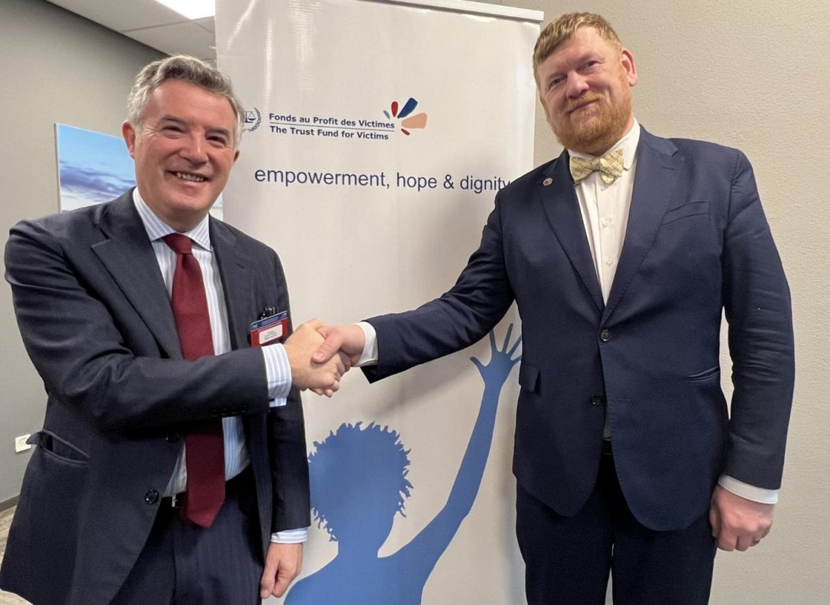 Photo: H.E. Mr Vicenç Mateu Zamora, Ambassador of the Principality of Andorra to the European Union, the Kingdom of Belgium, the Kingdom of the Netherlands and the Grand Duchy of Luxembourg, and Mr Andres Parmas, Chair of the Board of Directors of the TFV, at the 24th Assembly of States Parties to the ICC, held at the World Forum in The Hague, The Netherlands, in December 2025