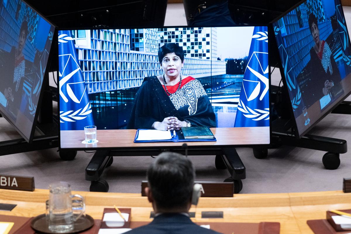 ICC Deputy Prosecutor Nazhat Shameem Khan briefs the UN Security Council on the Situation in Darfur, Sudan, virtually from The Hague on 19 January 2026. UN Photo/Evan Schneider