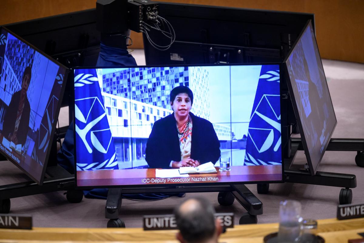 ICC Deputy Prosecutor Nazhat Shameem Khan briefs the UN Security Council on the Situation in Darfur, Sudan, virtually from The Hague on 15 July 2026. UN Photo/ Mark Garten
